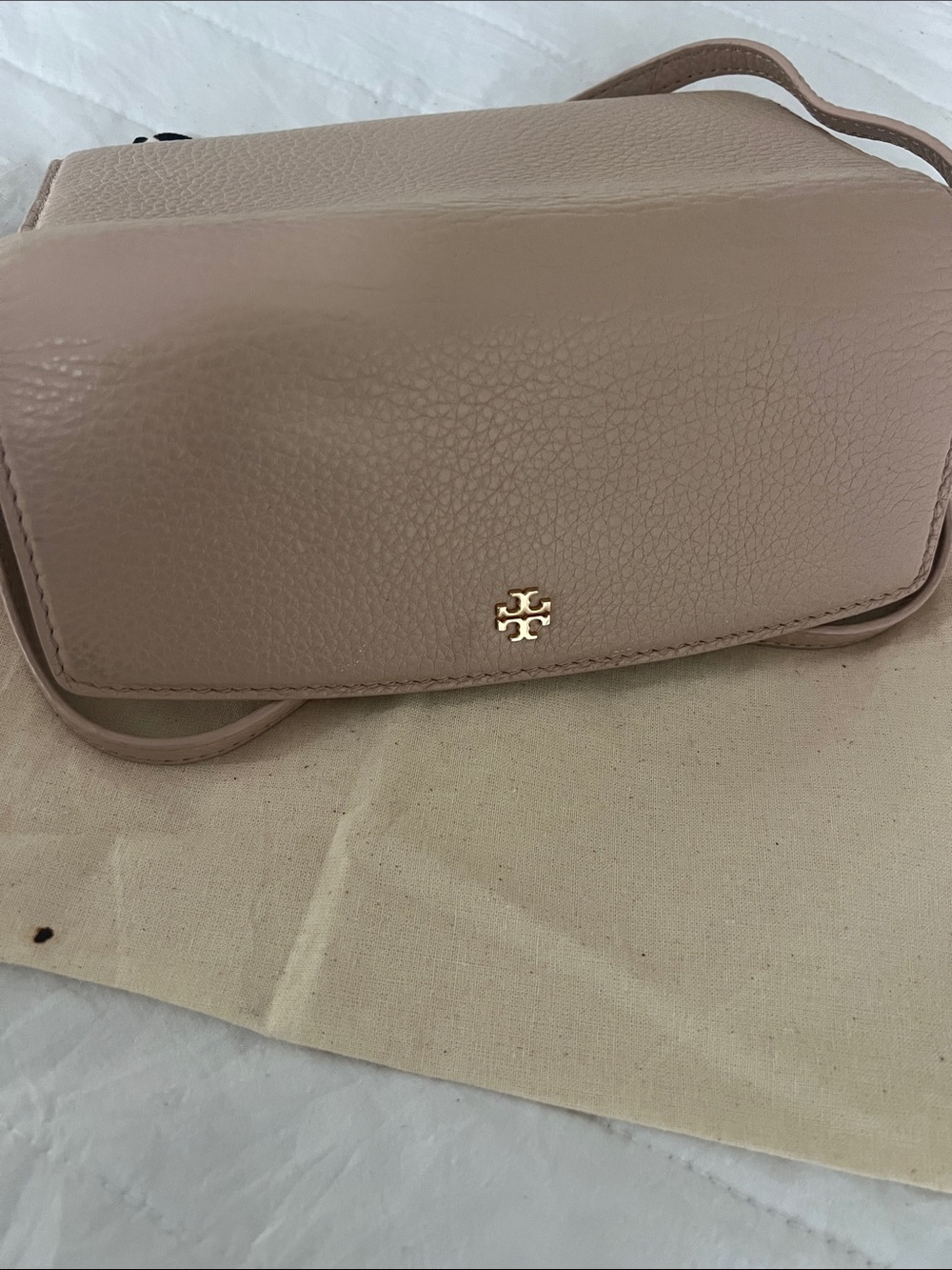 Tory Burch Blush Pebbled Leather Crossbody Wallet with Gold Logo